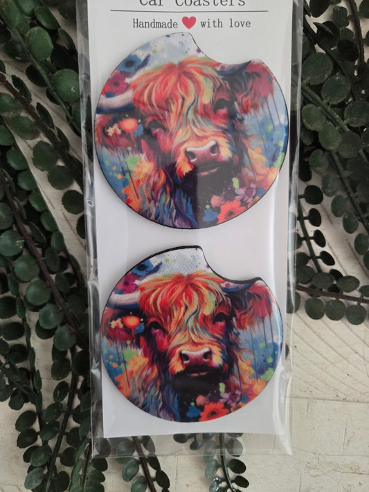 Neon highland cow watercolor car coasters