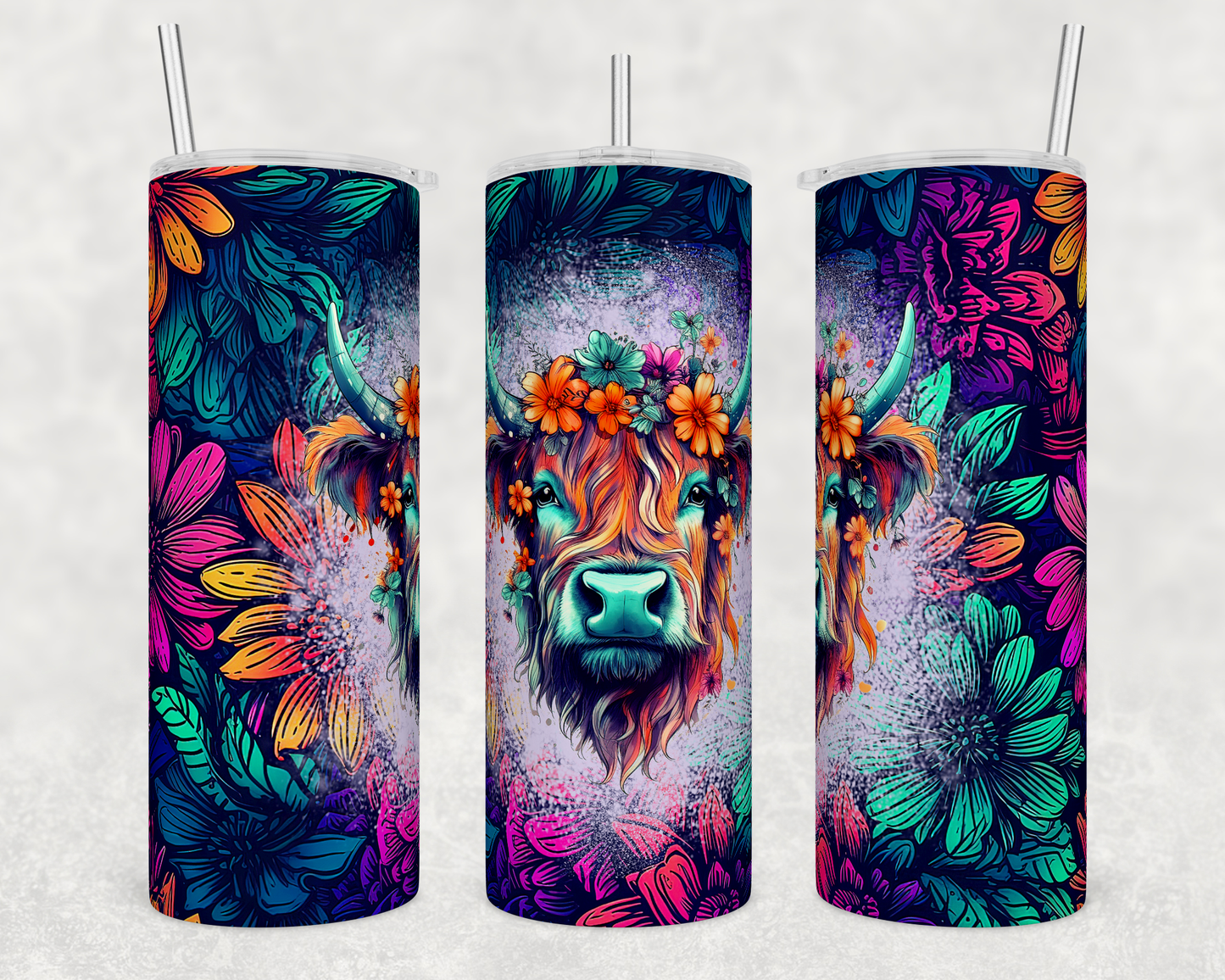 neon Flowered Highland Cow Tumbler